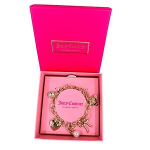 Juicy Couture Charm Bracelet Gold Tone Size 7.5 Heart Bow Bee Rhinestone NWT Box
